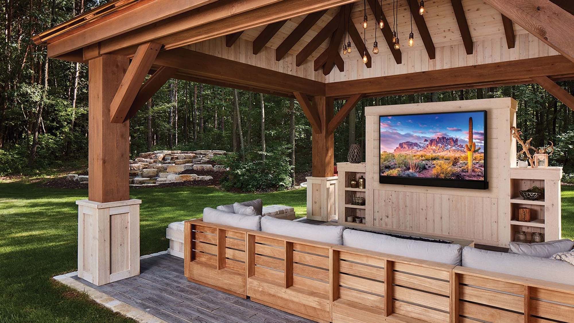 Control4 Touch panel in a able with a traditional home in the background