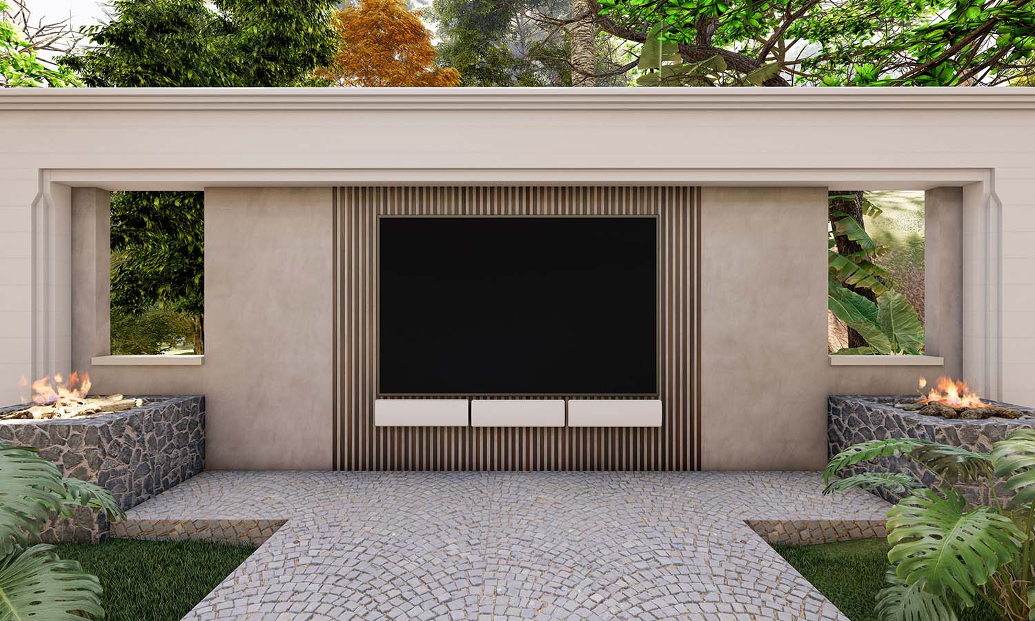 A modern outdoor entertainment space featuring a large built-in TV, sleek architectural design, stone fire pits on either side, and lush greenery surrounding the area.